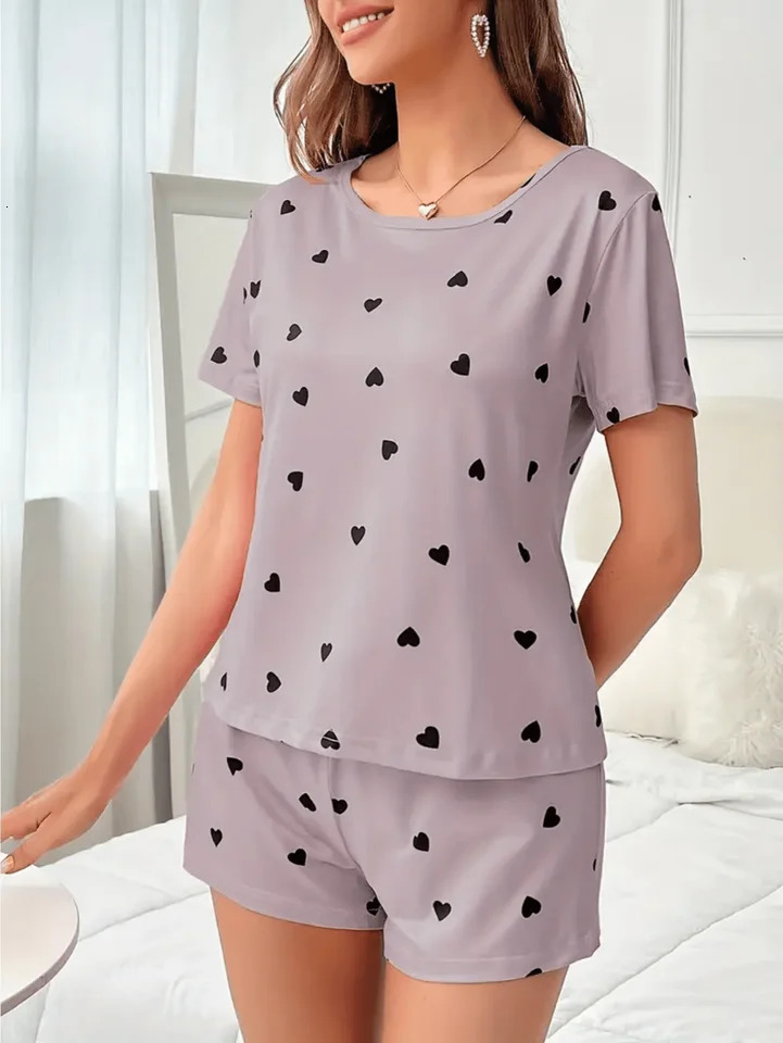 2Piece Womens Love Print Knit Fashionable Soft Short Sleeve and Shorts Sleepwear Set for Comfortable Home Wear 250717