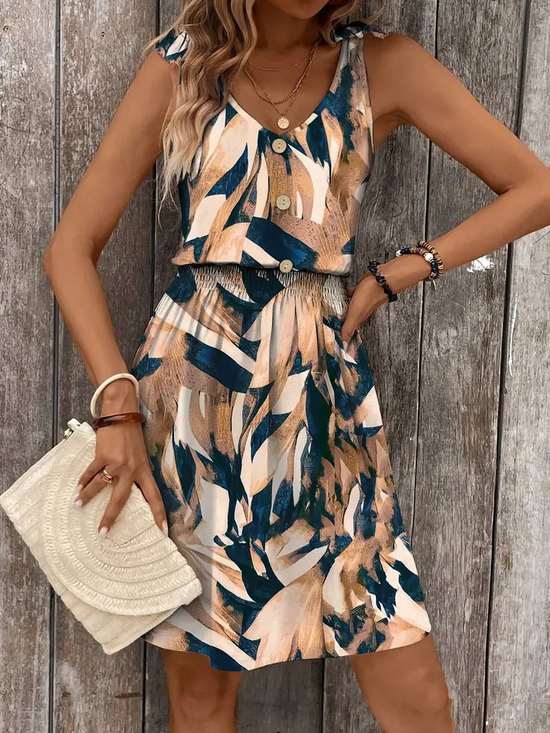 T720Hot geometric print dress summer ins style fashion all-match vest dress for women