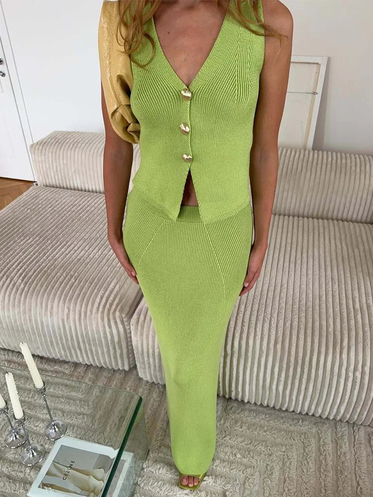 Trendix Knit Skirt Sets For Women Fashion V Neck Sleeveless Tank Top Vacation Beach Party Boho Elegant Knitwear Dress Sets 250714