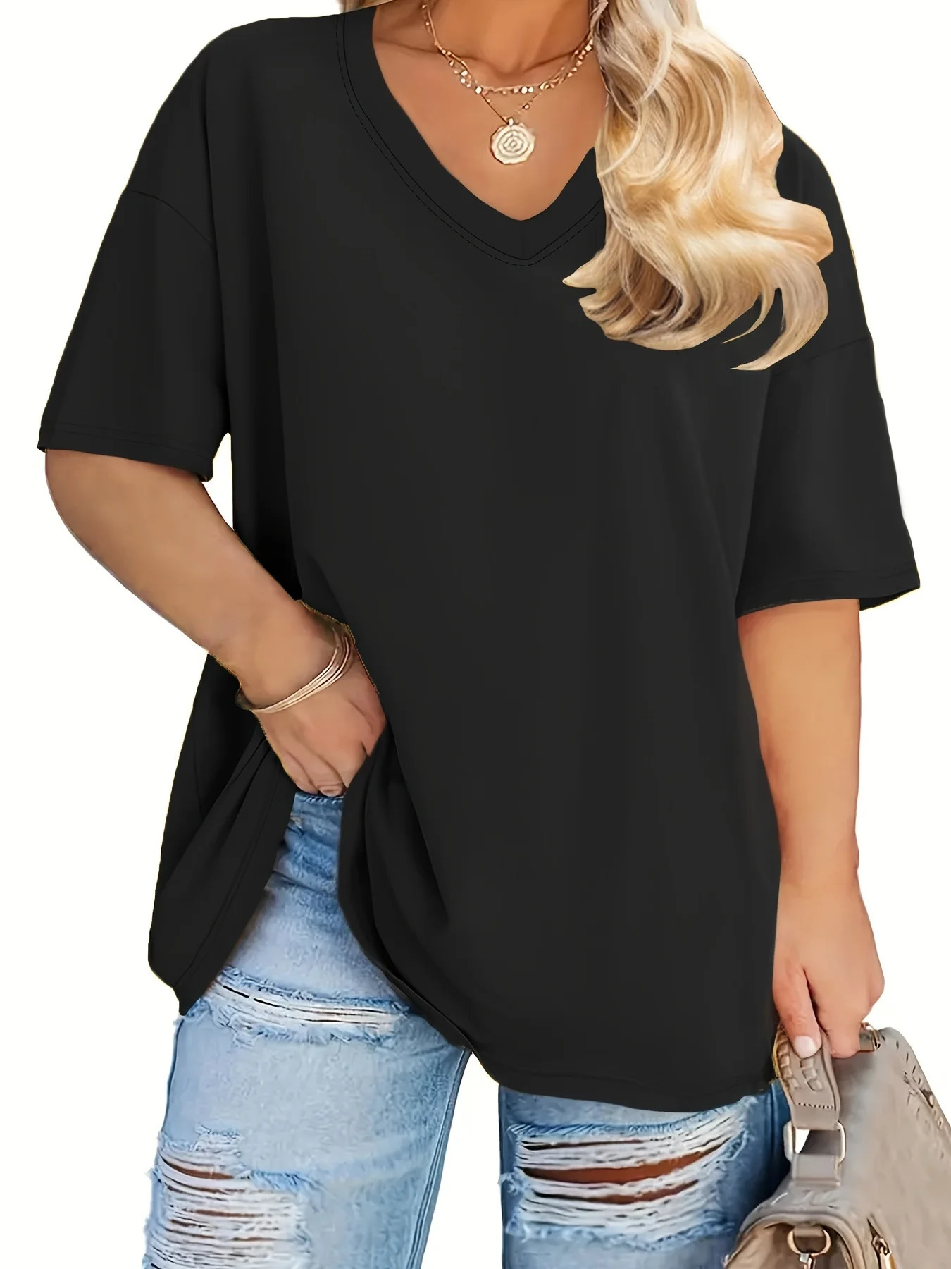 Womens Plus Size V Neck Solid TShirt Summer Female Basic Soft Tee Casual Multicolour Short Sleeved Tops 250707