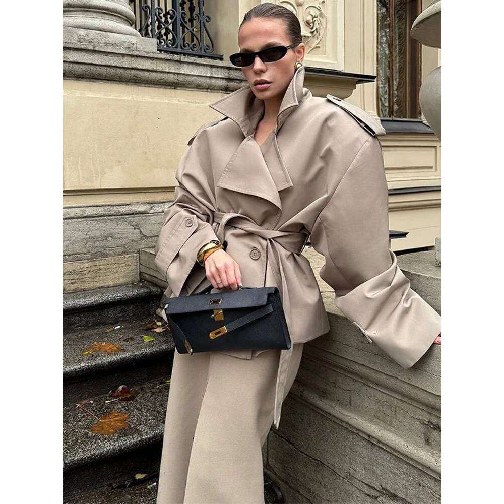 hoodie Casual Loose Jackets Women Lapel Long Sleeves Belt Double Breasted Short Windbreaker Spring Fashion Chic Streetwears Lady jacket