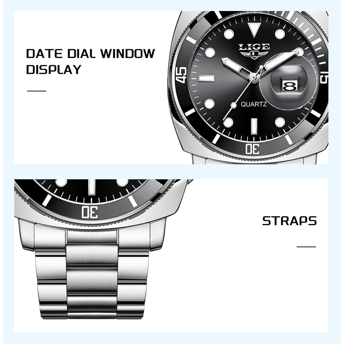 LIGE Men's Quartz Watch Steel Belt Watch Simple Fashion Business Watch Big Brand Watch Sports Waterproof Watch Teenager Watch Holiday Gift