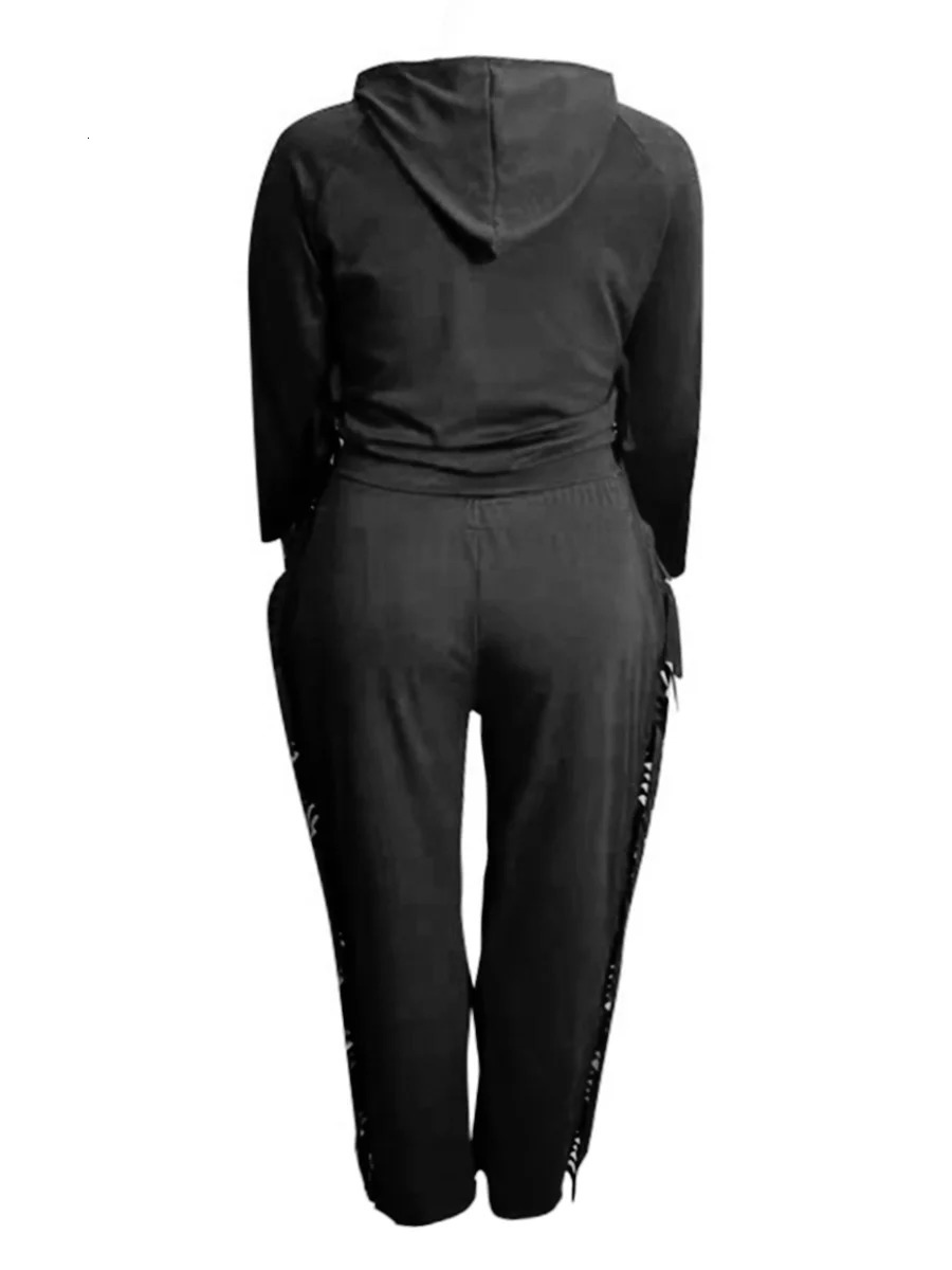 4Xl 5XL LW Plus Size Autumn Winter Hooded Collar Tassel Long Sleeve Casual Daily Regular Round Neck Pants Set For Women 250714