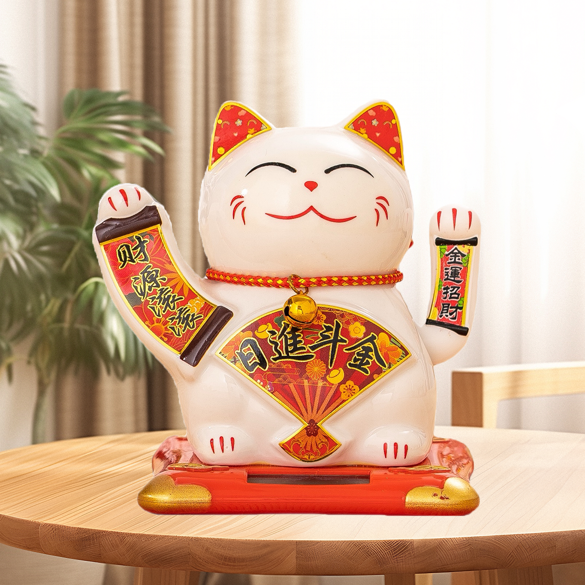 Ceramic Cat Figurine with Solar-Powered Motion - Perfect Vehicle & Home Decor Electric shaking hand Decal technique