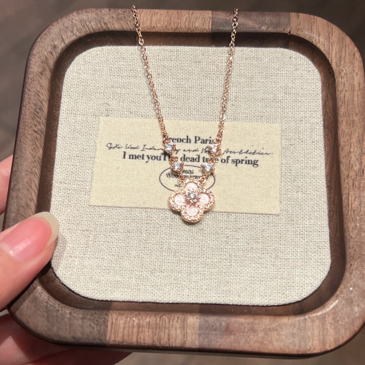 Rose Gold - Tone Clover - Shaped Necklace With Pink Shell And Diamond Accents Elegant Party Jewelry And Gift For Her High Quality And Romantic Jewelry