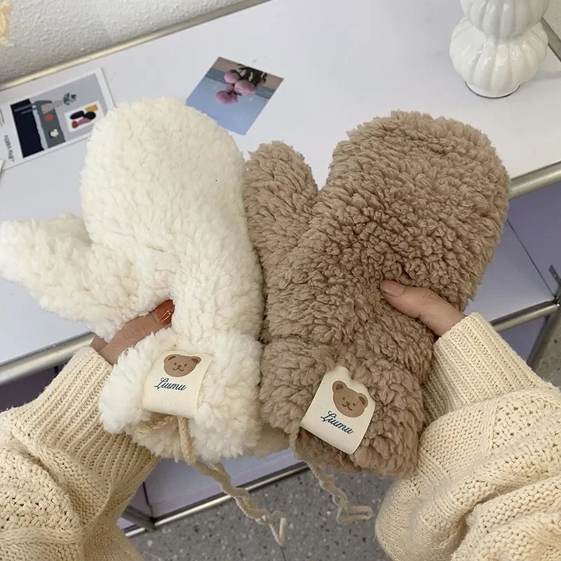 Plush Warm Gloves Soft Winter Thick Fingerless Korean Japanese Bear Gloves With Ropes Casual Outdoor Riding Mittens Warm 250717