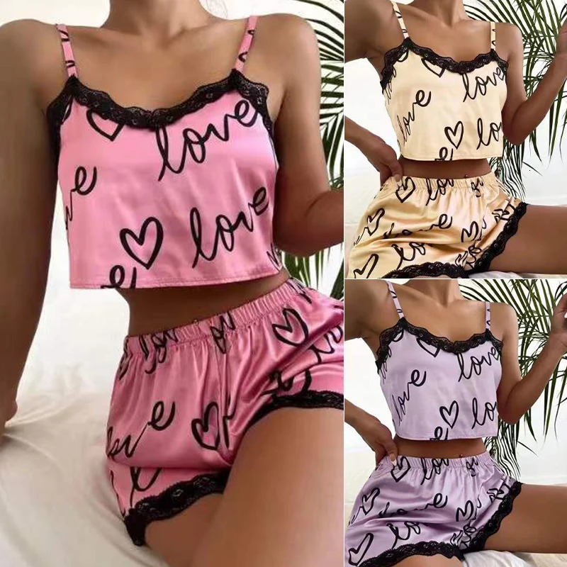 2 Pieces Set WomenS Pajama Shorts Suit Homewear Print Underwear Pijama Sexy Lingerie Camisoles Tanks Nighty Ladies Sleepwear 250717