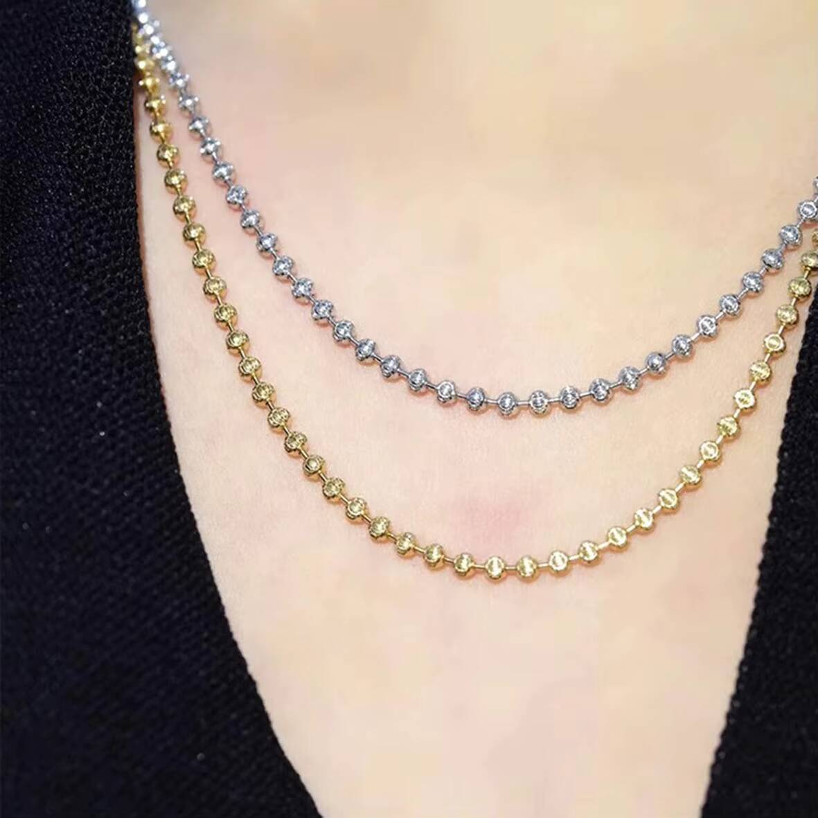 S925 Sterling Silver Beaded Necklace Plated with 18K Gold Shiny Floral Moon Shaped Round Bead Chain Diamond Necklace Jewelry