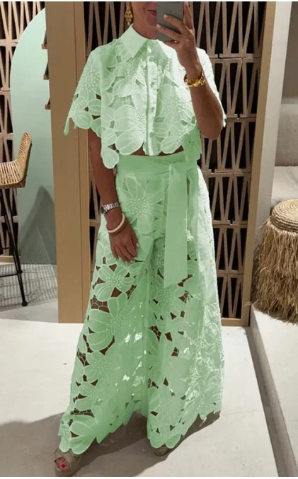 Women Lace Outfit Embroidery Retro Hollow Temperament Suit Elegant Button Short Sleeved Blouse Tops Tie-up Pants Set 2Pcs 250714