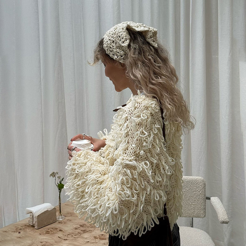 Free shipping designer coat for women Fashionable temperament commuting creative knitted tassel button woolen jacket
