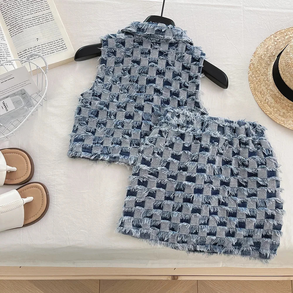 Korean Version Fashion Lapel Single Breasted Checkered Vestshort Skirt Two-piece Set for s Casual Clothes Summer Style 250721