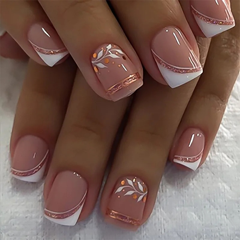 24Pcs Short Square Head Presson Nails Simple French False Art with White Leaves n Wearable Full Cover Nail Tips 250721