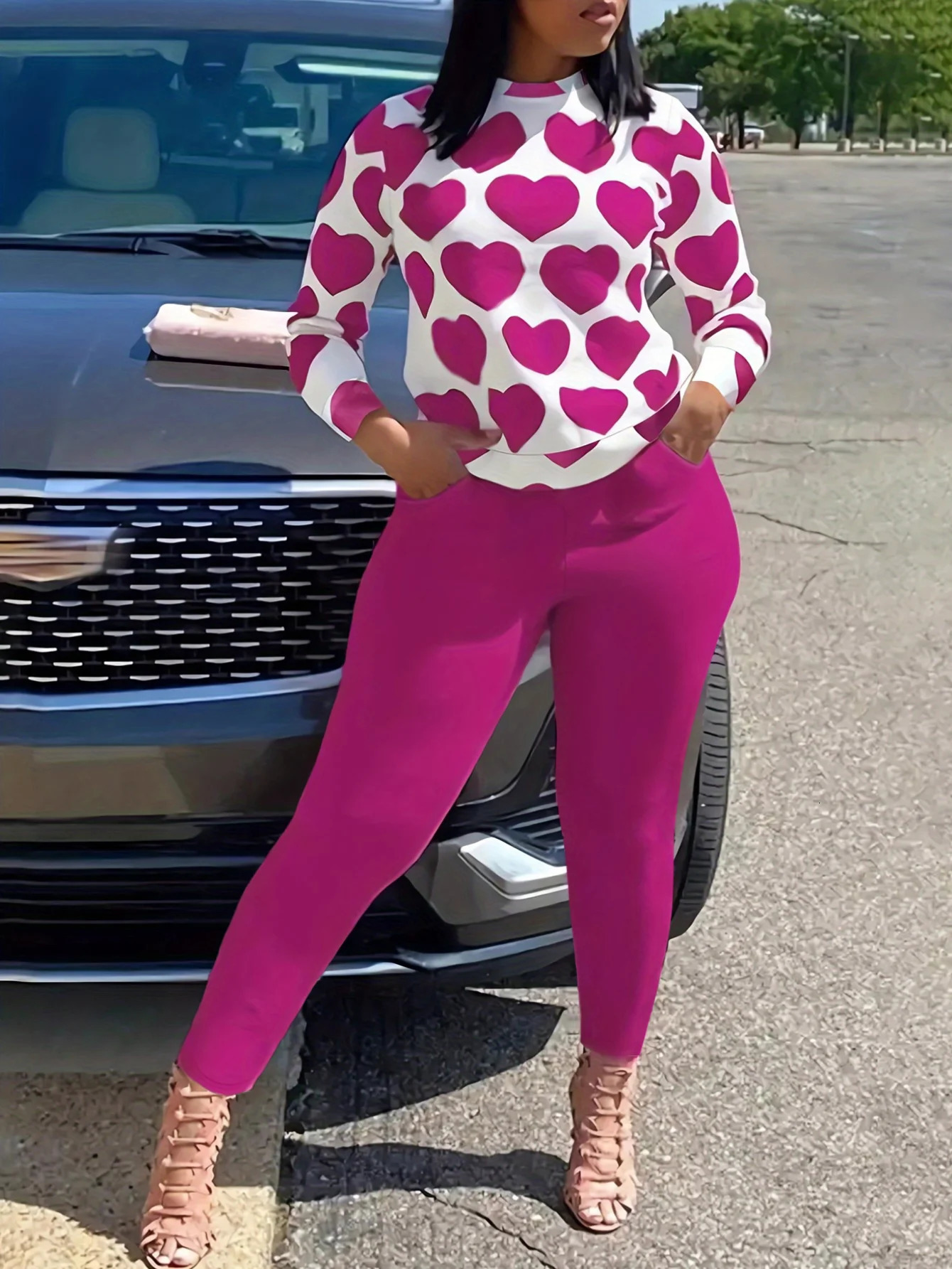 LW Plus Size womens clothing Heart Print Pocket Pants Set casual Autumn Two pieces sets Female long sleeve Top pants sets 250714