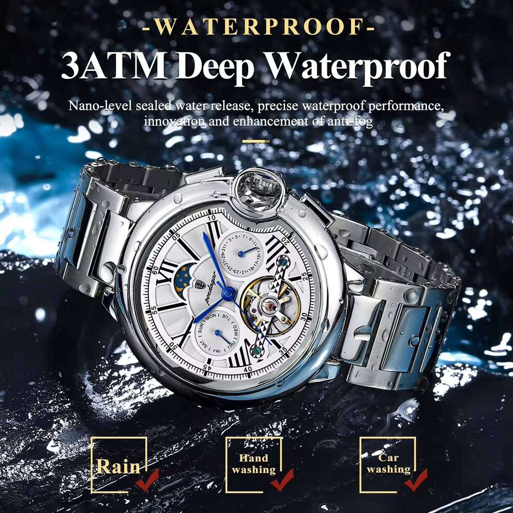 DHwatches Men's Mechanical Watch - Multifunction Moon Phase, Date & Day Display, 30M Waterproof, Stainless Steel Band, Casual Wristwatch