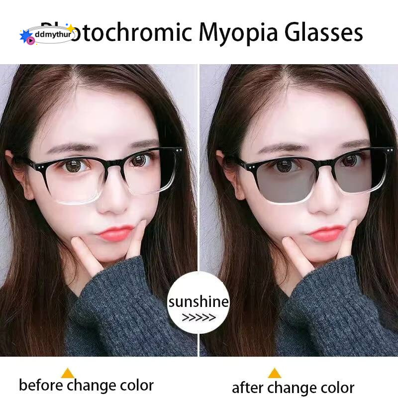 Fashion Photochromic Myopia Men Women Square Anti Blue Light Finished Prescription Eyewear Ultralights Retro Glasses ddmythur
