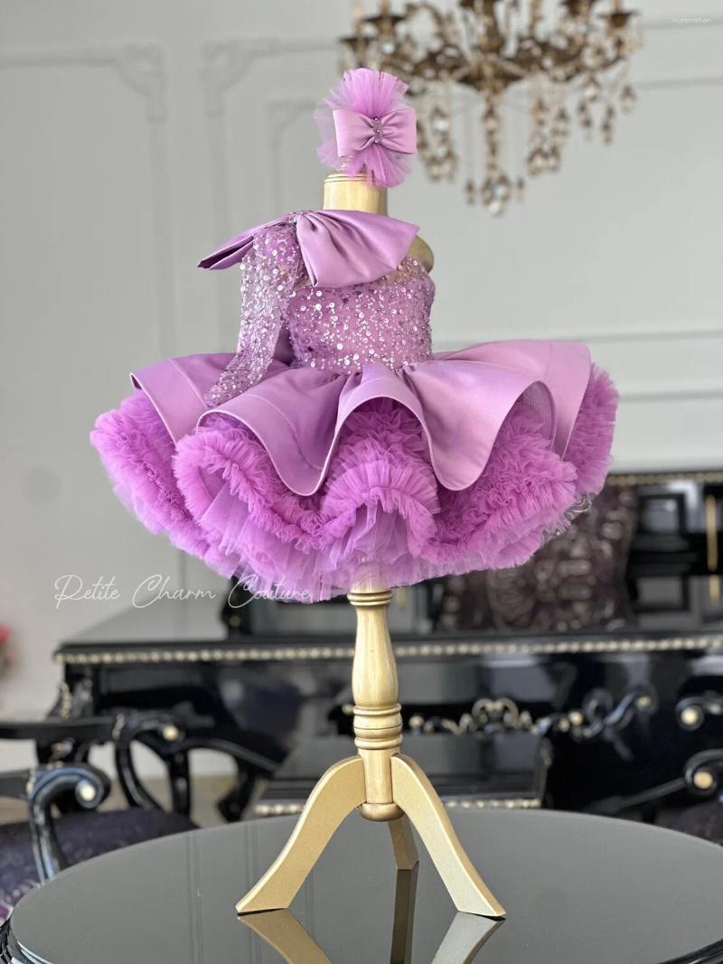 Girl Dresses Puffy Short Glitter One Shoulder Toddler Birthday Party Lavender Tulle Bow First Pageant Princess Flower
