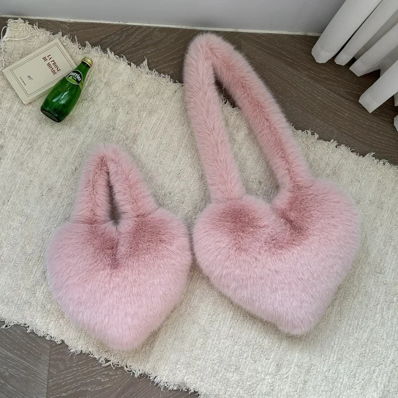2K Girls Fluffy Shoulder Bags Love Heart Female Pink Plush Handbags Large Capacity Womens Faux Fur Crossbody Bag Tote 250717