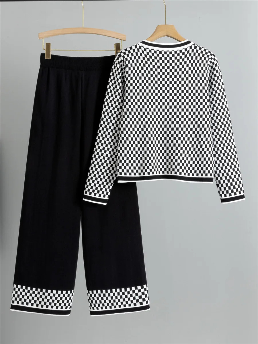 Plaid n Knitted 2 Piece Sets Women Single Breasted Knit Sweater Cardigan Tops Conjuntos High Waist Wide Leg Pants Outfit 250721