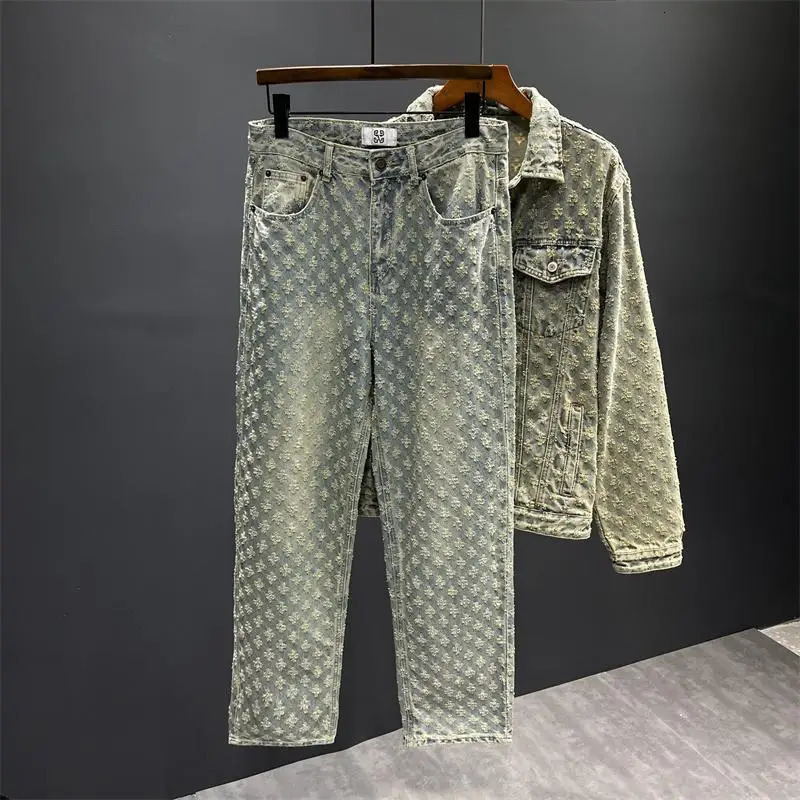 European and American High Street Pants Ins Trendy Jacquard Full Print n Feeling Jeans Mens Loose Wide Leg Pants 250721