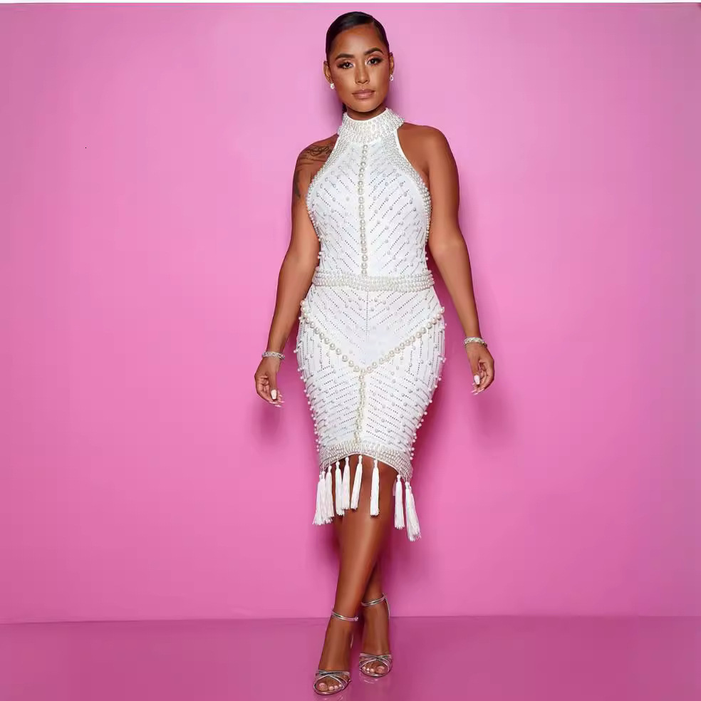 Womens Turtleneck Bodycon Mini Dress with Pearl Ladies Plus Size Dresses High Waist Sexy Party Dress Wholesale Drop 240814