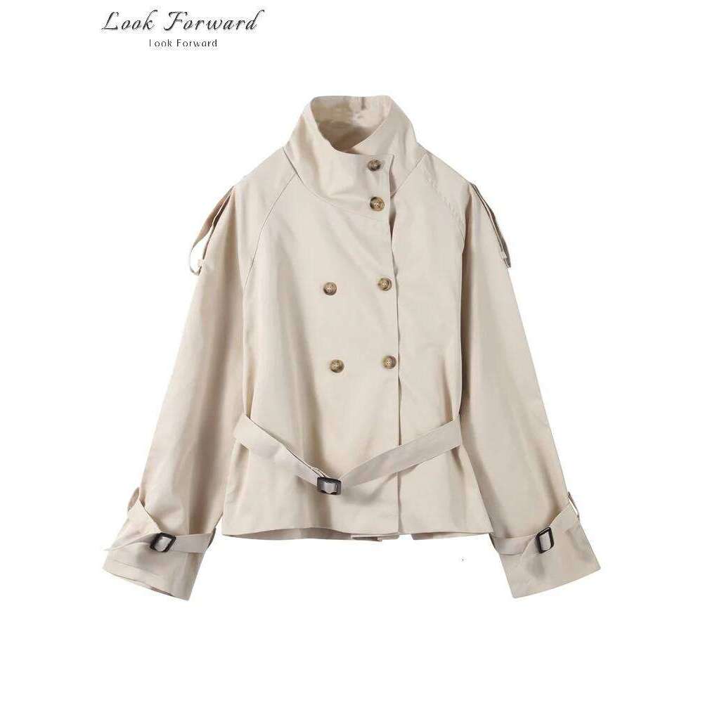 hoodie Khaki Trench Coat Women Double Breasted Jacket Woman Stand Collar Full Sleeve Pocket Spring Autumn Casual Loose Outerwears Lady jacket
