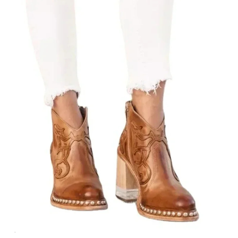 Female Ankle Boots Leather Womens Shoes Low Heel Cool British Embroidered Soft Short Boots Party Ladies Footwear PU 024 250717