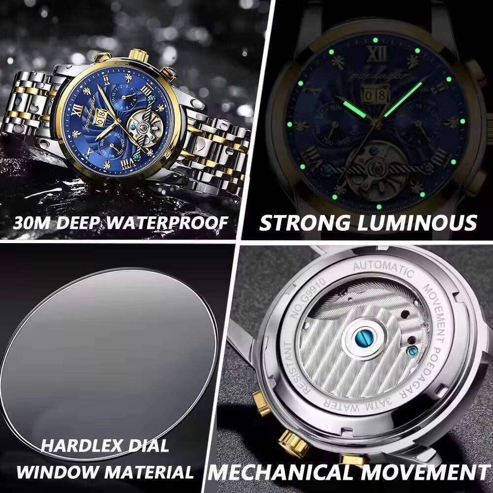DHgargets Men's Automatic Mechanical Watch - Tourbillon, Skeleton Dial, Day/Date, Luminous, 50M Waterproof, Stainless Steel Business Watch