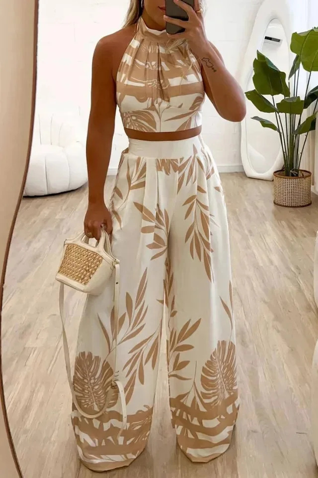 Women Sleeveless Low Cut V-Neck Printed Dress High Slit Sexy Dresses Trendy Half Skirt Womens Set Light Elegant Summer Set 250714