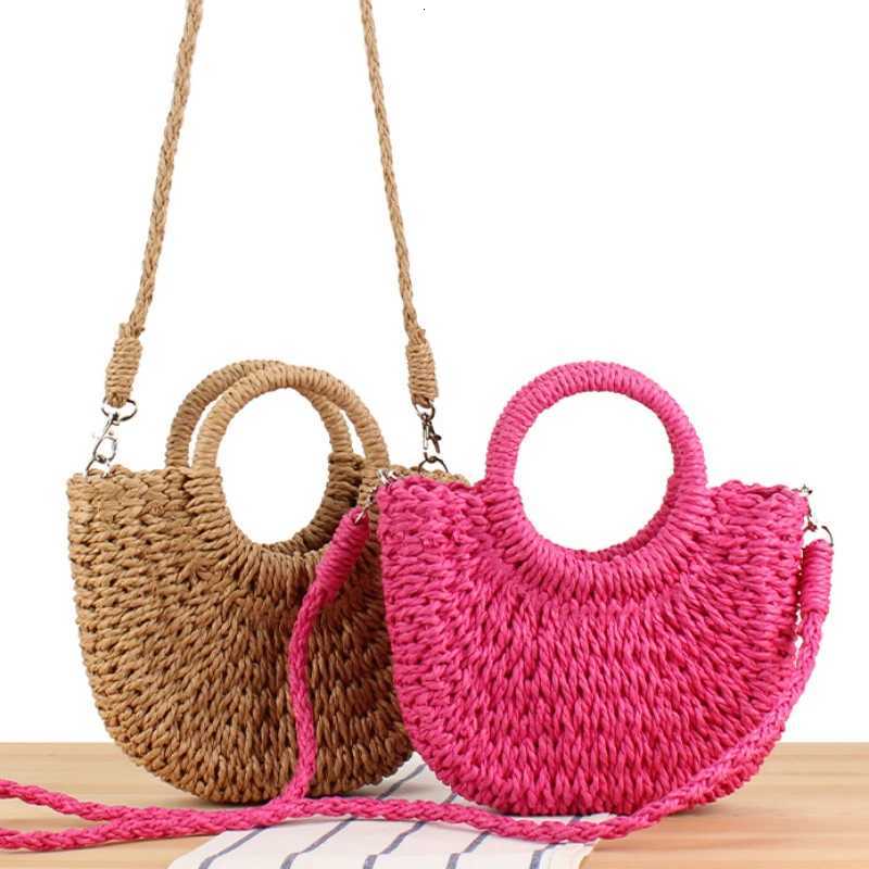 Straw Women Half-moon Beach Handbag Rattan Handmade Handle Summer Fashion Kintted Tote Bag Ladies Straw Bag Wrapped Beach Bag S250721