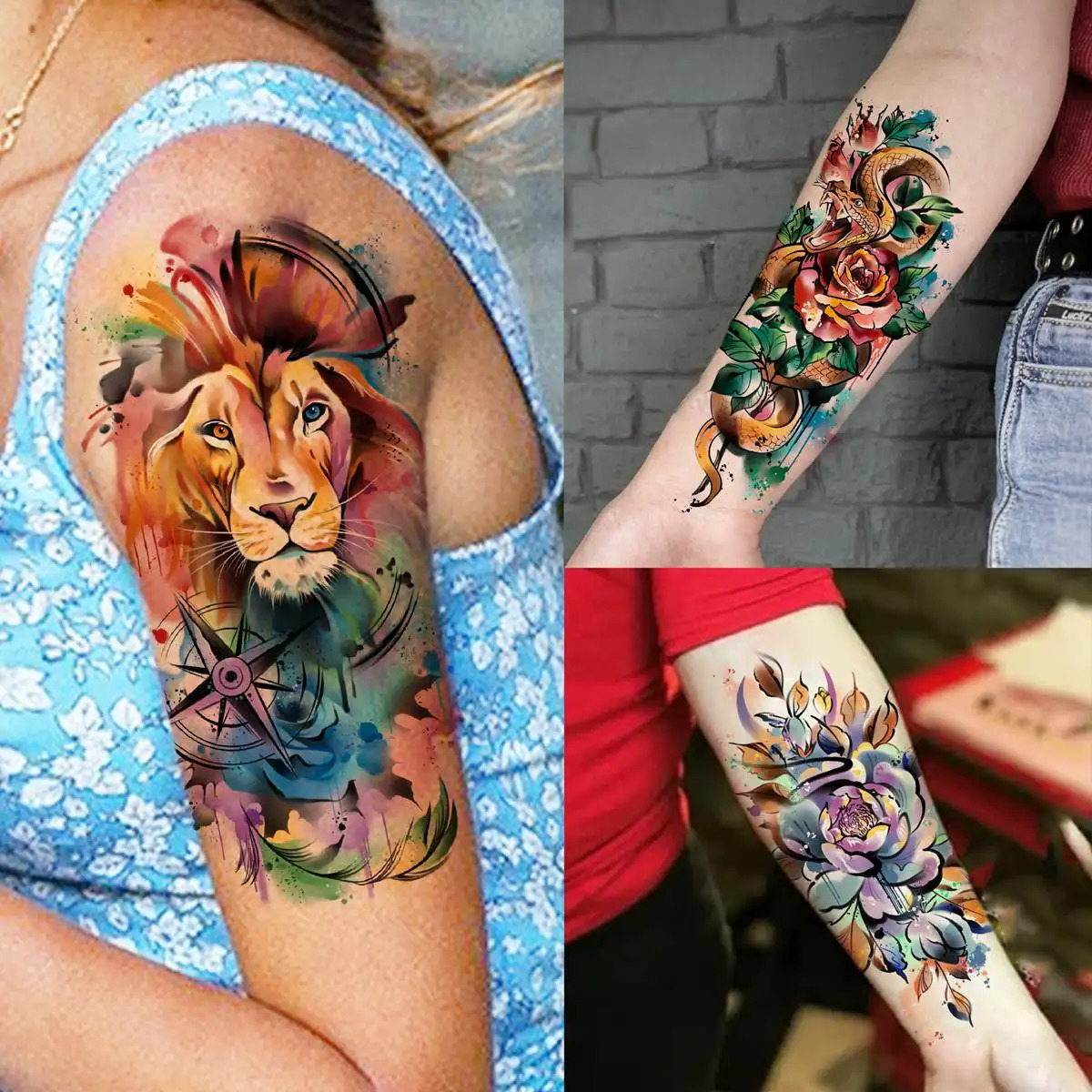 63 Sheets 3D Watercolor Rose Temporary Tattoos For Women Arm Girls Adults Peony Flower Tattoo Sticker Lion Tiger Tattoos 250721