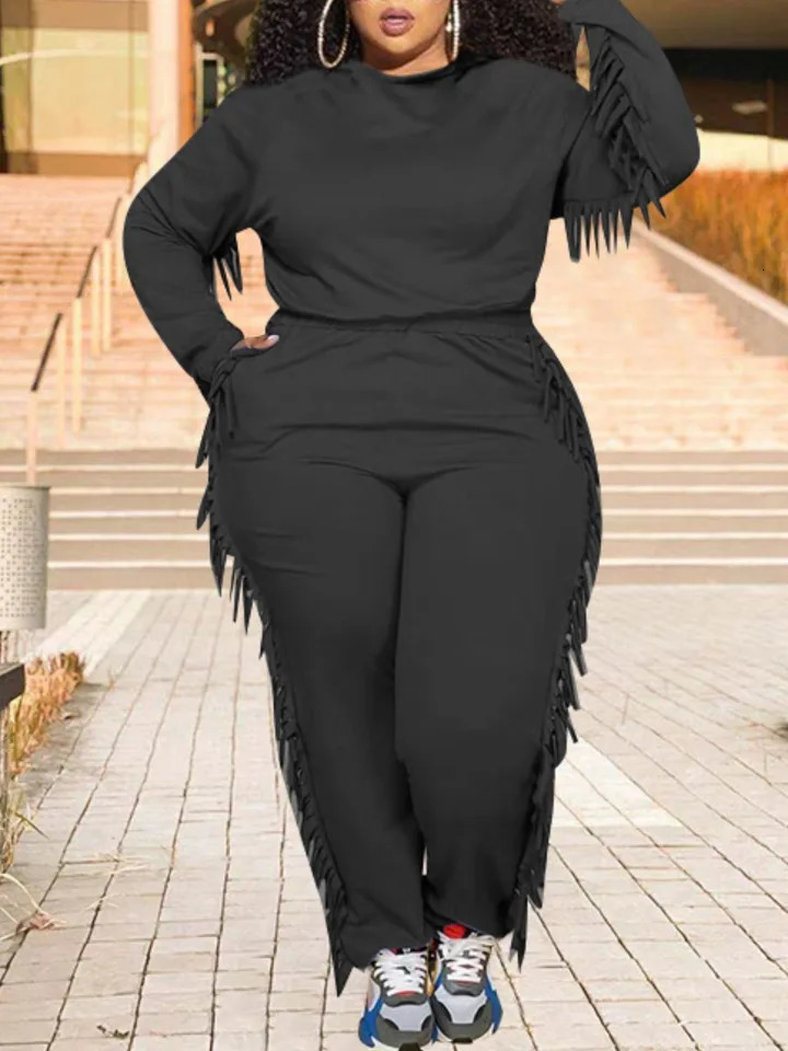 4Xl 5XL LW Plus Size Autumn Winter Hooded Collar Tassel Long Sleeve Casual Daily Regular Round Neck Pants Set For Women 250714