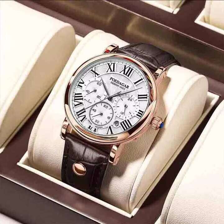 DHwatches Men's Ultra-Thin Leather Strap Watch - Multifunction Chronograph, Date Display, 50M Waterproof, Sapphire Crystal, Casual Quartz Watch
