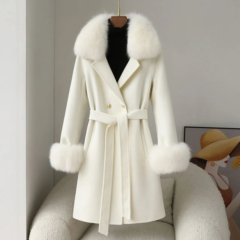 s Autumn Winter Women Fur Coat Cashmere Wool Blends With Detachable Fox Fur Collar Cuffs Slim Ladies Overcoat 250717