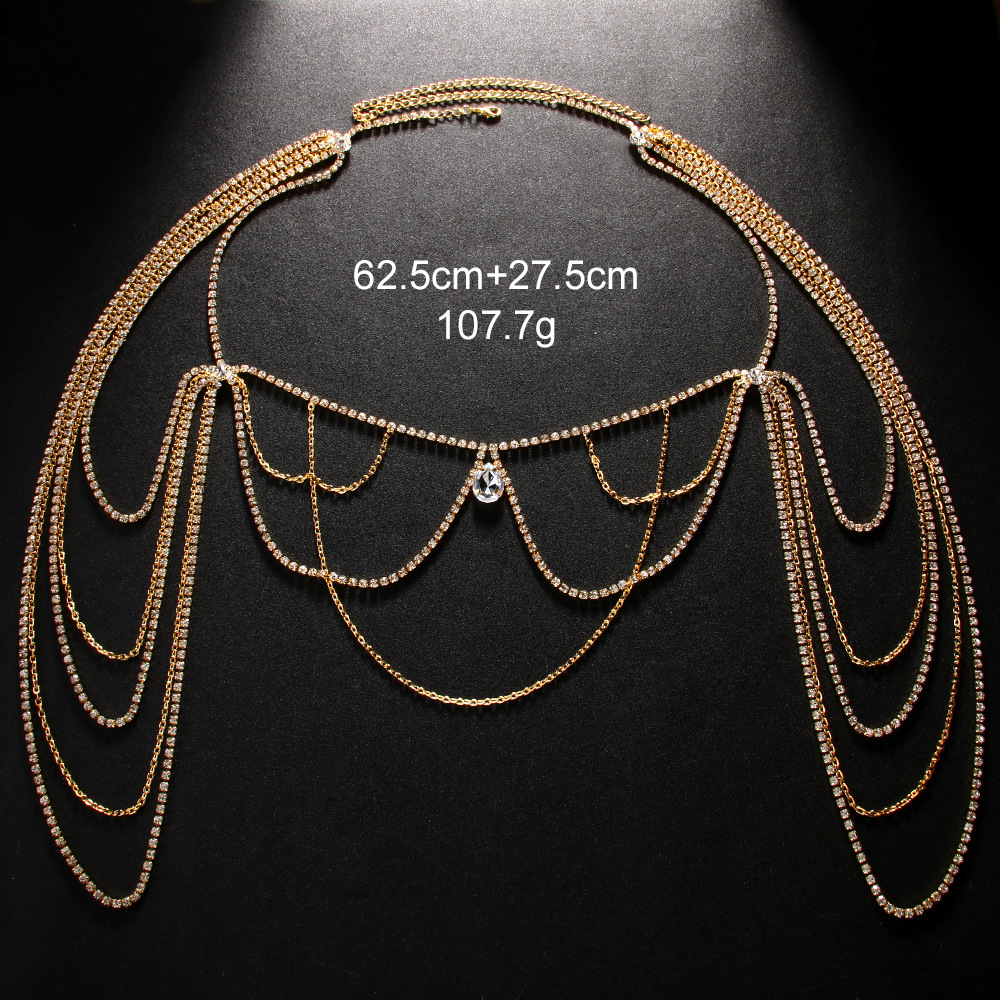 New Arrival Multi Layer Tassel Shoulder Chain Elegant Bride Wedding Iced out Water Drop Body Chain Bling Bling