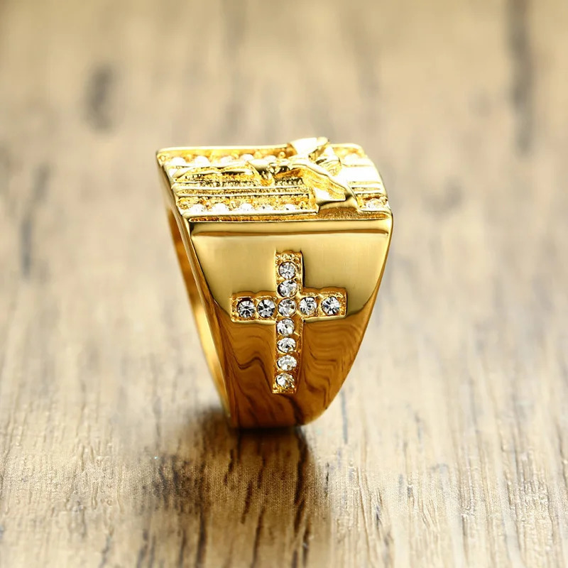 Vnox Punk Jesus Christ Cross Chunky Ring for Men Stainless Steel Crystals Religion Prayer Male Hip-hop Jewelry Gold Color 250717