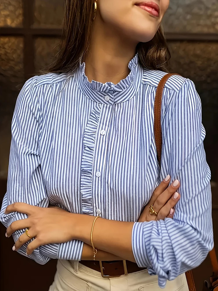 Plus Size Womens 2025 Blue Striped Shirt Basic Comfortable Versatile Temperament Long Sleeve 250707