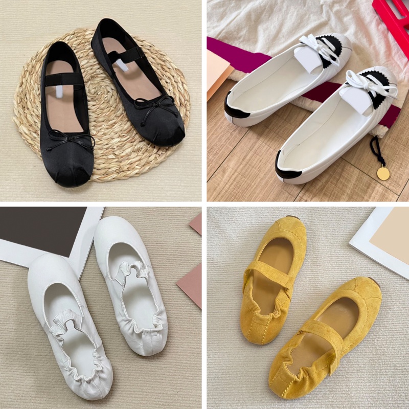 Miues ladies designer shoes white black royal blue womens Satin ballet flats casual Loafers women dancing shoes Calfskin Leather Lace up sneakers mm Ruches trainers