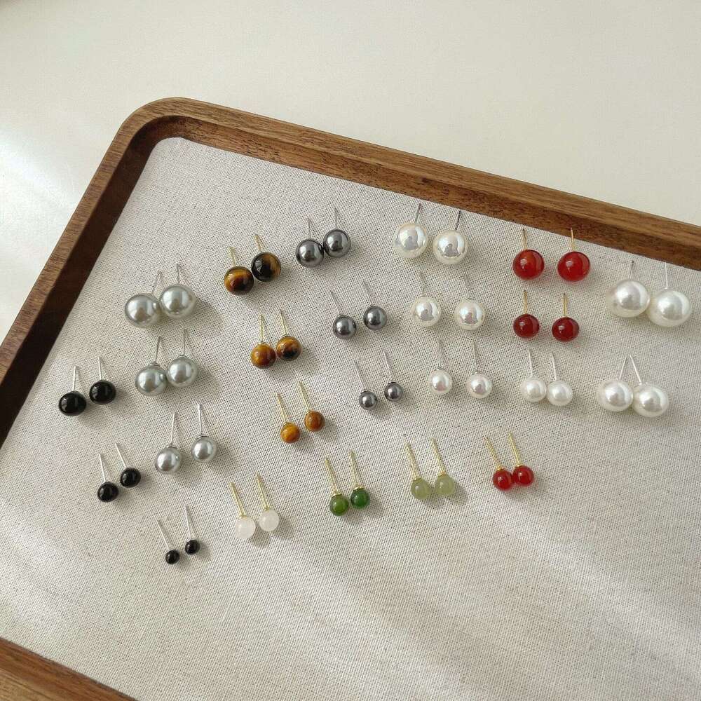 Tiqi INS Style Round Bead Earring Set Pearl Black Onyx Sterling Sier Exquisite Tiger Eye Stone Versatile Earrings