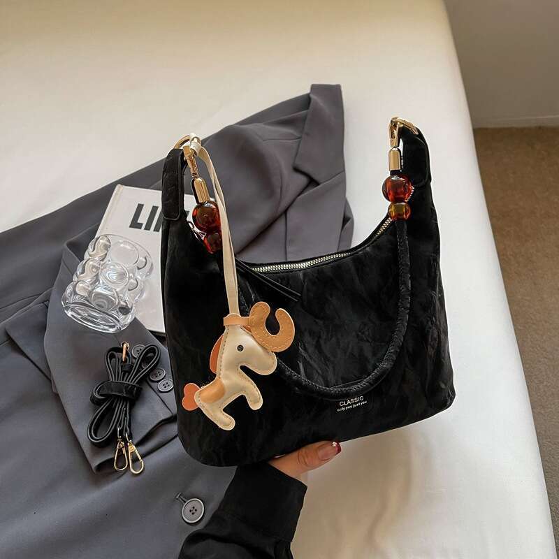 Texture PU leather armpit bag, cute pony pendant embellishment, perfect for commuting and dating, both shoulder and crossbody