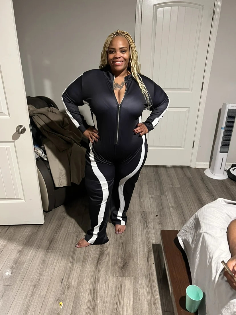 LW Basic Plus Size Striped Zipper Jumpsuit Women's Clothing Fall Casual Patchwork V Neck Long Sleeve One Pieces Outfit 250714