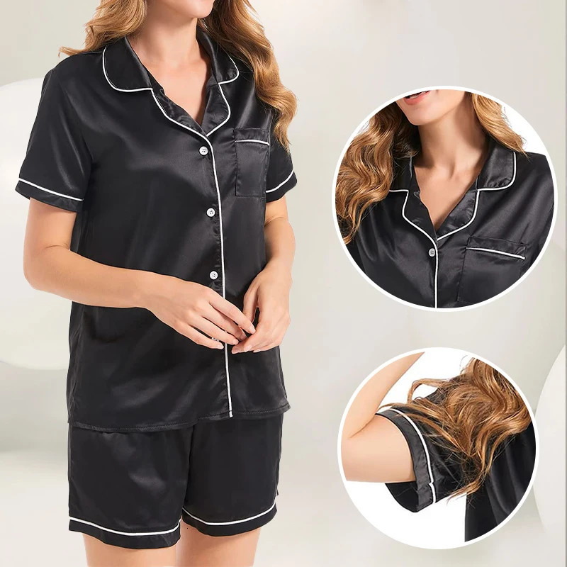 Summer Fashion Solid Color Satin Pajama Set Womens Flip Tie Button Shirt Top and Elastic Shorts 250717