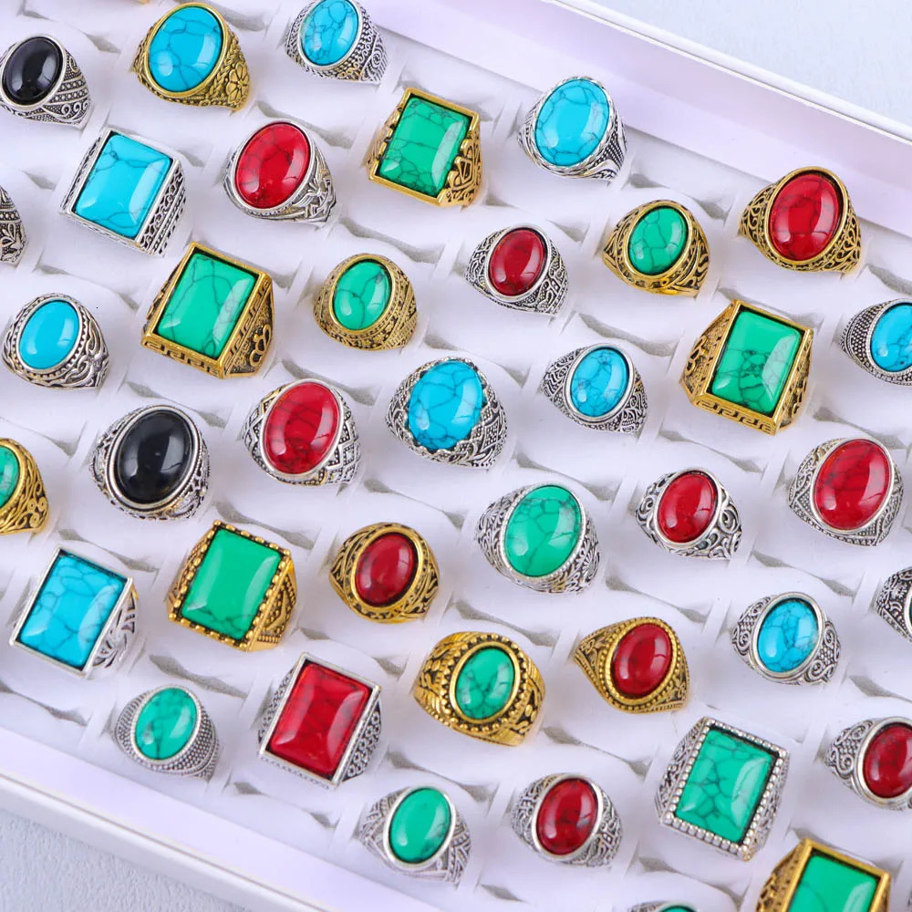 10/20/30/50Pcs/Lot Vintage Nature Stone Rings For Women Men Mix Style Round Square Geometry Jewelry Party Gifts Wholesale 250716