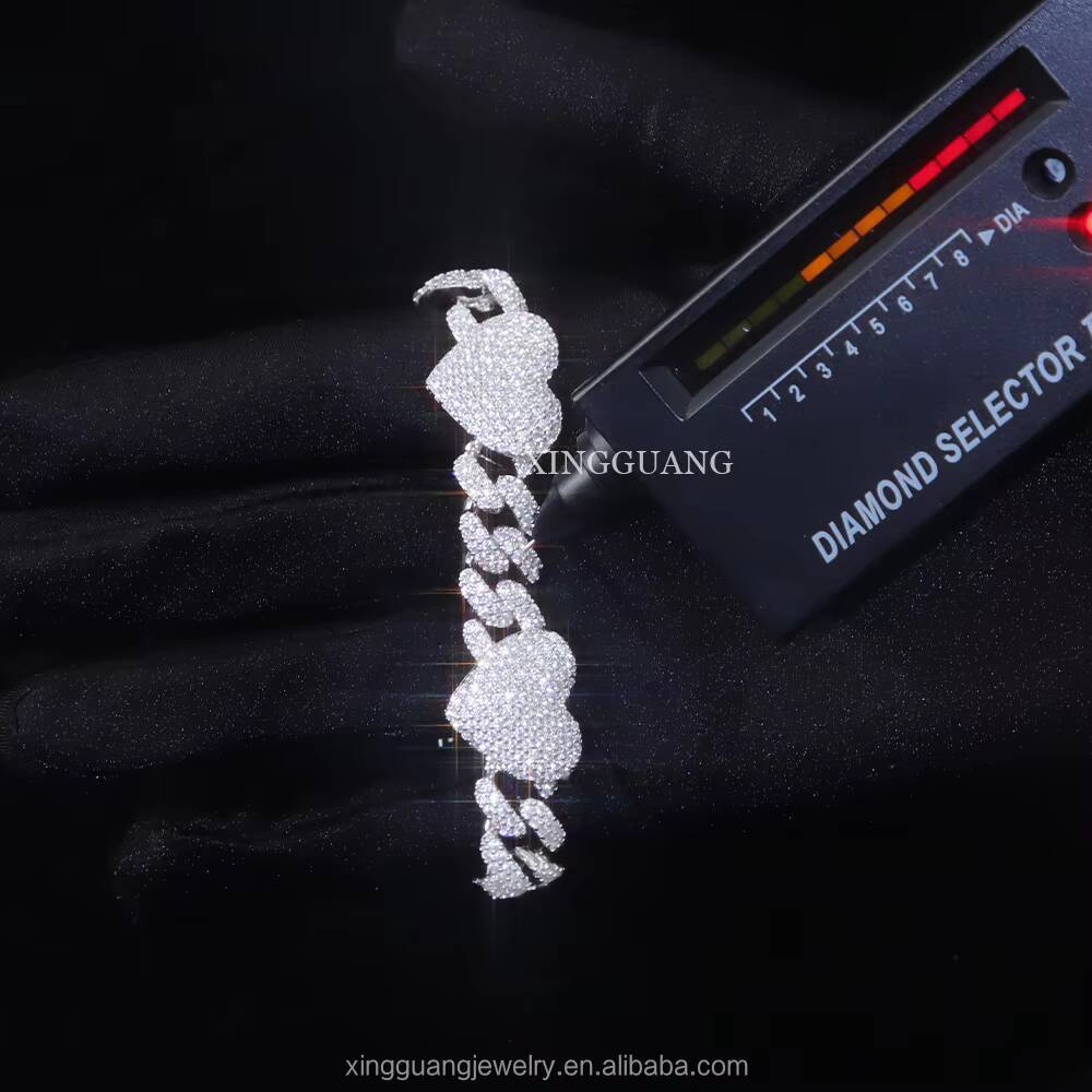 Fashion Heart Design Mossanite Bracelet Iced Out Diamond Hip Hop Bracelet S925 Silver VVS Moissanite Cuban Link Bracelet for Men