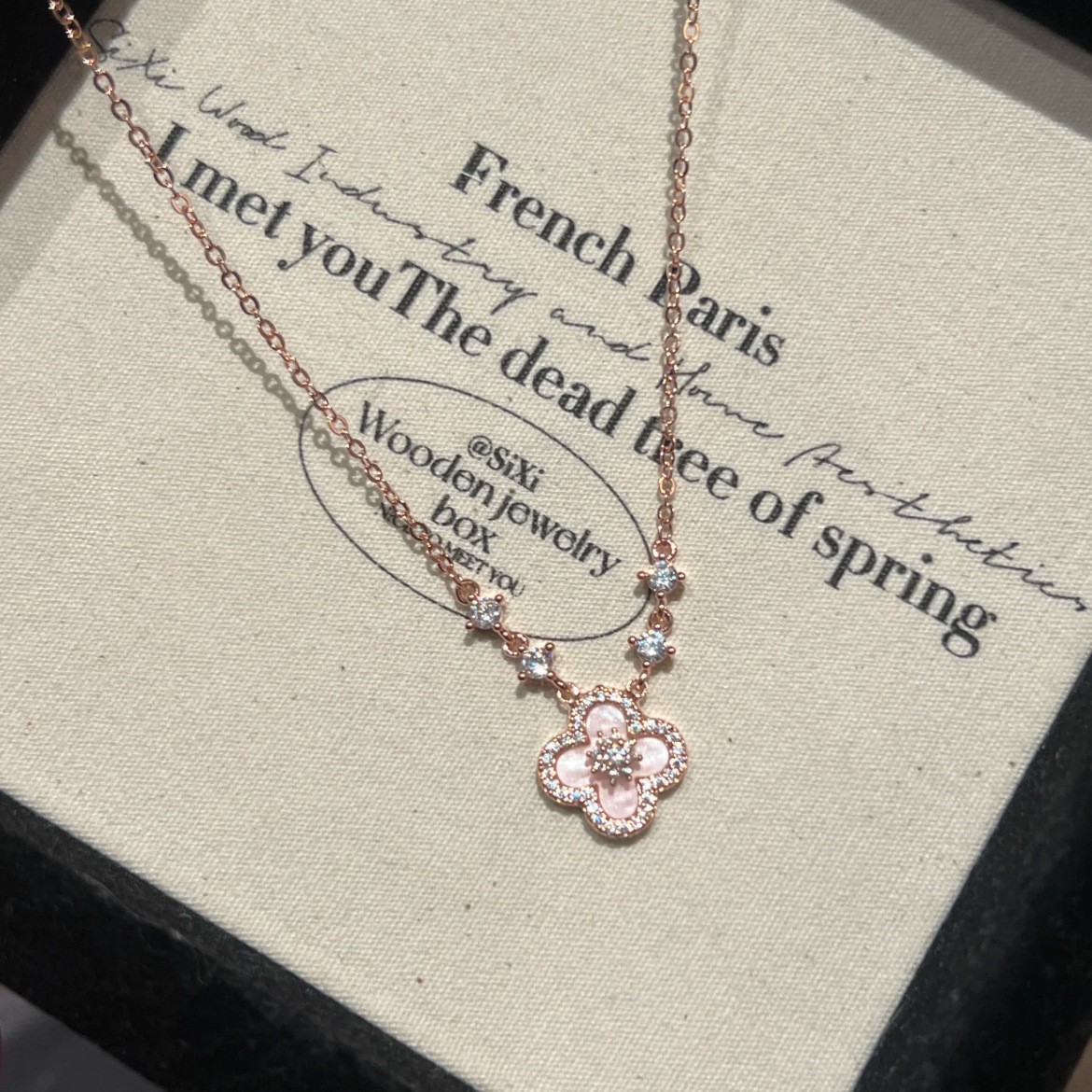 Rose Gold - Tone Clover - Shaped Necklace With Pink Shell And Diamond Accents Elegant Party Jewelry And Gift For Her High Quality And Romantic Jewelry