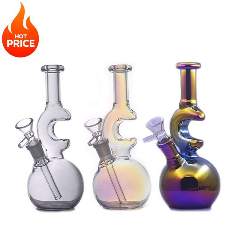Colorful mini Moon shape Water Dab Rig Bong colorful Glass Oil Burner Pipe water dab rig bongs pipes Hookah with smoking oil banger Or tobacco smoking bowl