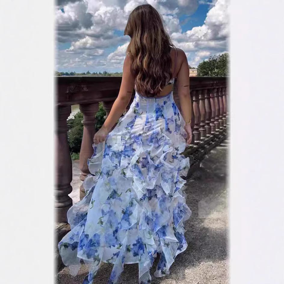 2026 New Off shoulder Womens Dress Fashion Chiffon Printed Fairy Long Elegant Evening Dress