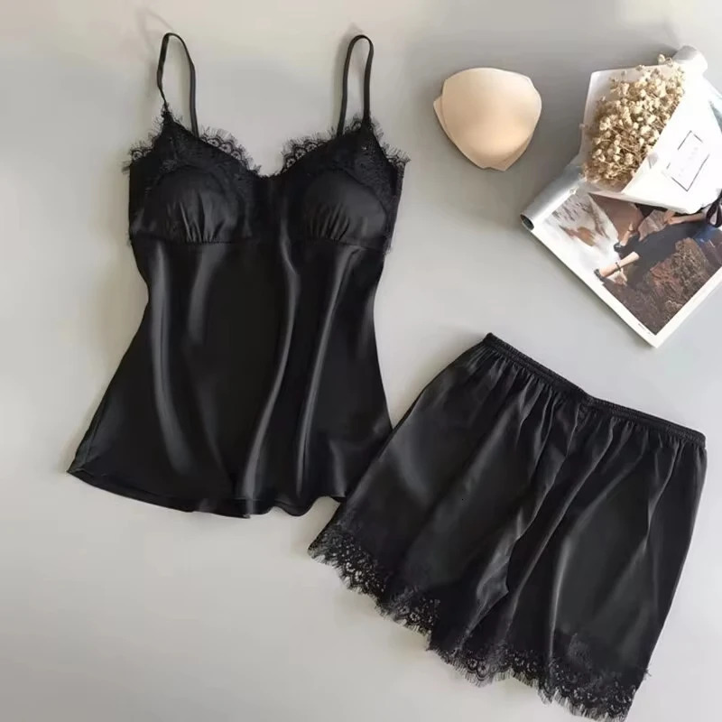 Women Pajama Suit Fashion VNeck Stretch Satin Babydoll Lace Sexy Lingerie Bowknot Pyjamas Sleep Shorts Set Sleepwear 250717