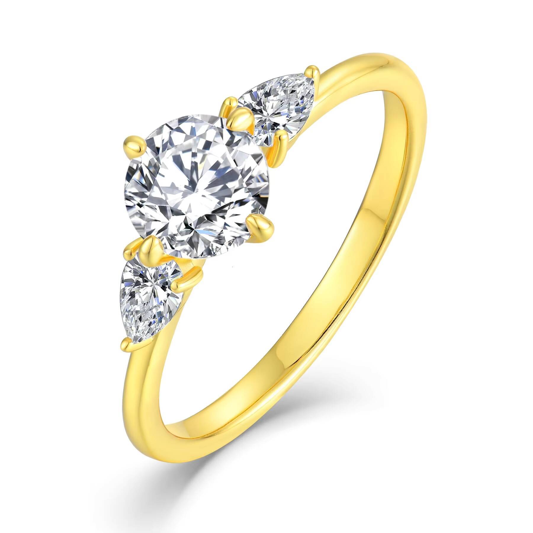 Exquisite 18K Plated Gold Engagement Ring 925 Sterling Silver Round Brilliant Cut CZ Diamond Three Stone Bridal Ring