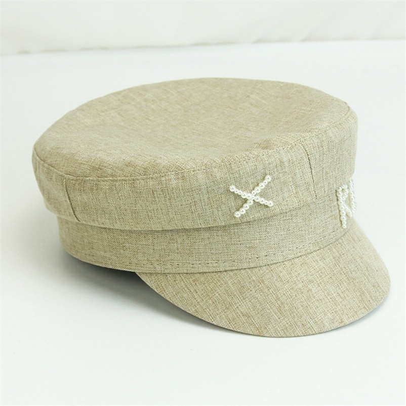 Women Pearls R B Letter Militray Hat Adjustable Flat Top sboy Caps Fashion Female Navy Hat Casual 250717