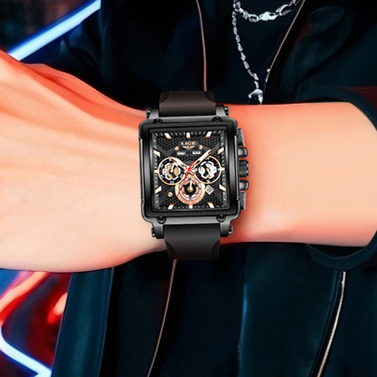 LIGE quartz watch men's waterproof watch Luminous pointer multi-function chronograph silicone strap sports fashion business watch Holiday Gifts T